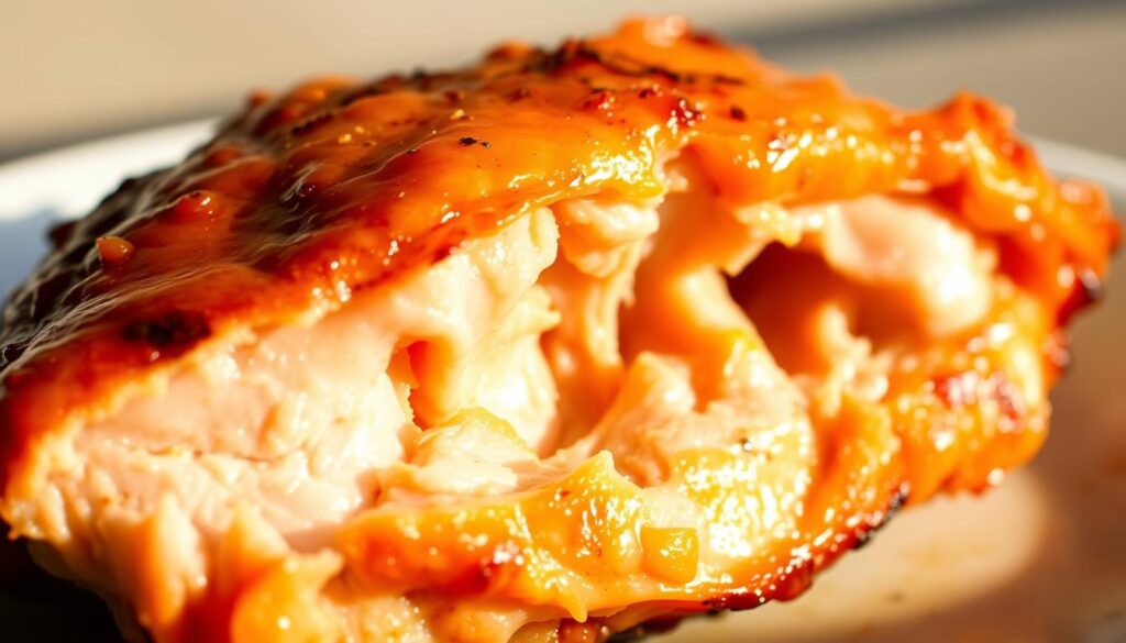 A close-up view of a succulent, golden-brown smoked chicken breast, glistening with a light glaze and delicately seasoned. The juicy meat is visible through a thin, crisp skin, inviting the viewer to imagine the tender, flavorful texture. Soft, natural lighting illuminates the scene from the side, casting subtle shadows that accentuate the contours of the chicken. The background is a blurred, neutral tone, allowing the main subject to take center stage. This image captures the essence of an "Introduction to Smoked Chicken Breast" - showcasing the mouthwatering appearance and promise of a delicious, expertly prepared dish.