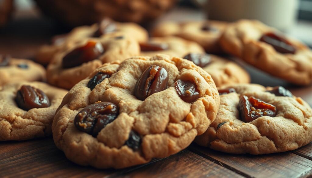 A close-up view of delicious homemade date cookies, freshly baked and arranged on a rustic wooden table. The cookies have a soft, chewy texture with a golden-brown exterior, and are dotted with plump, caramelized dates that add a natural sweetness. The lighting is warm and inviting, creating a cozy, comforting atmosphere. The composition emphasizes the details of the cookies, with a shallow depth of field to draw the viewer's attention to the tempting texture and flavors. The scene is captured from a slightly elevated angle, giving the impression of a welcoming, homemade treat ready to be enjoyed. A close-up view of delicious homemade date cookies, freshly baked and arranged on a rustic wooden table. The cookies have a soft, chewy texture with a golden-brown exterior, and are dotted with plump, caramelized dates that add a natural sweetness. The lighting is warm and inviting, creating a cozy, comforting atmosphere. The composition emphasizes the details of the cookies, with a shallow depth of field to draw the viewer's attention to the tempting texture and flavors. The scene is captured from a slightly elevated angle, giving the impression of a welcoming, homemade treat ready to be enjoyed.