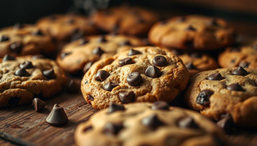A close-up view of freshly baked chocolate chip cookies, shot with a shallow depth of field and warm, soft lighting. The cookies are arranged on a rustic wooden surface, with a few scattered chocolate chips and a hint of steam rising from their golden-brown surfaces. The overall mood is cozy, comforting, and inviting, perfectly capturing the essence of a classic, homemade chocolate chip cookie recipe.