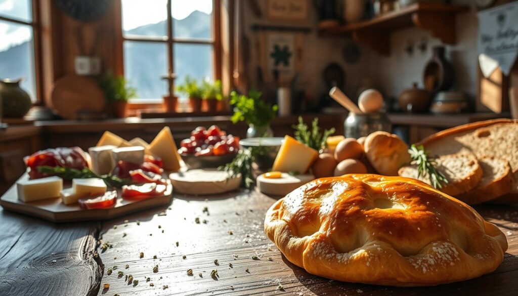 A cozy Alpine kitchen filled with traditional Swiss recipes and ingredients. In the foreground, a flaky, golden Gipfeli pastry glistens with a buttery sheen, surrounded by an artful arrangement of Swiss cheeses, cured meats, fresh herbs, and crusty bread. The middle ground features a rustic wooden table, its surface dotted with stray crumbs and sprigs of greenery. Sunlight streams in through a nearby window, casting a warm, inviting glow across the scene. The background showcases the picturesque snow-capped peaks of the Swiss Alps, hinting at the rich culinary heritage of this Alpine nation. The overall atmosphere evokes a sense of homey comfort and culinary delight. A cozy Alpine kitchen filled with traditional Swiss recipes and ingredients. In the foreground, a flaky, golden Gipfeli pastry glistens with a buttery sheen, surrounded by an artful arrangement of Swiss cheeses, cured meats, fresh herbs, and crusty bread. The middle ground features a rustic wooden table, its surface dotted with stray crumbs and sprigs of greenery. Sunlight streams in through a nearby window, casting a warm, inviting glow across the scene. The background showcases the picturesque snow-capped peaks of the Swiss Alps, hinting at the rich culinary heritage of this Alpine nation. The overall atmosphere evokes a sense of homey comfort and culinary delight.