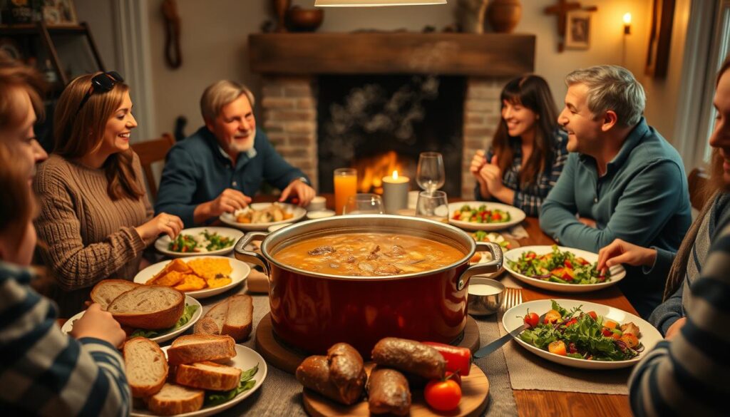 A cozy family dinner scene in a warm, softly lit kitchen. A large pot of steaming ground beef soup sits on the table, surrounded by platters of crusty bread, fresh salad, and other homemade dishes. The family, dressed in casual, comfortable attire, is gathered around the table, engaged in lively conversation and laughter. The atmosphere is one of togetherness, comfort, and the enjoyment of a hearty, nourishing meal. The scene is captured from a slightly elevated angle, allowing the viewer to take in the entire tableau. The lighting is a blend of soft, ambient lighting and the warm glow of a fireplace or candle. The overall mood is inviting, familial, and a celebration of the simple pleasures of a shared meal. A cozy family dinner scene in a warm, softly lit kitchen. A large pot of steaming ground beef soup sits on the table, surrounded by platters of crusty bread, fresh salad, and other homemade dishes. The family, dressed in casual, comfortable attire, is gathered around the table, engaged in lively conversation and laughter. The atmosphere is one of togetherness, comfort, and the enjoyment of a hearty, nourishing meal. The scene is captured from a slightly elevated angle, allowing the viewer to take in the entire tableau. The lighting is a blend of soft, ambient lighting and the warm glow of a fireplace or candle. The overall mood is inviting, familial, and a celebration of the simple pleasures of a shared meal.