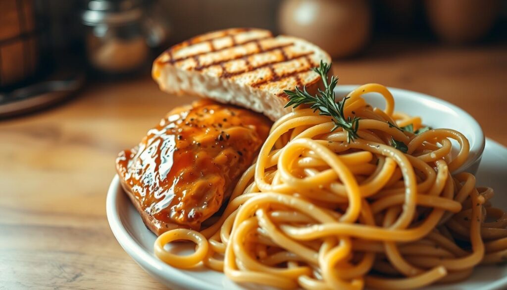A cozy kitchen counter, bathed in warm, amber lighting, hosts a comforting meal of glistening honey-glazed chicken, nestled between slices of crusty panini bread. The chicken's savory notes are punctuated by the gentle heat of black pepper, while strands of al dente pasta, tossed in a rich, creamy sauce, spill out from a white ceramic bowl. A sprig of fresh thyme adds a verdant touch, complementing the meal's earthy tones. The scene exudes a sense of homely comfort, inviting the viewer to savor each bite and bask in the simple pleasures of a satisfying, flavorful dish. A cozy kitchen counter, bathed in warm, amber lighting, hosts a comforting meal of glistening honey-glazed chicken, nestled between slices of crusty panini bread. The chicken's savory notes are punctuated by the gentle heat of black pepper, while strands of al dente pasta, tossed in a rich, creamy sauce, spill out from a white ceramic bowl. A sprig of fresh thyme adds a verdant touch, complementing the meal's earthy tones. The scene exudes a sense of homely comfort, inviting the viewer to savor each bite and bask in the simple pleasures of a satisfying, flavorful dish.