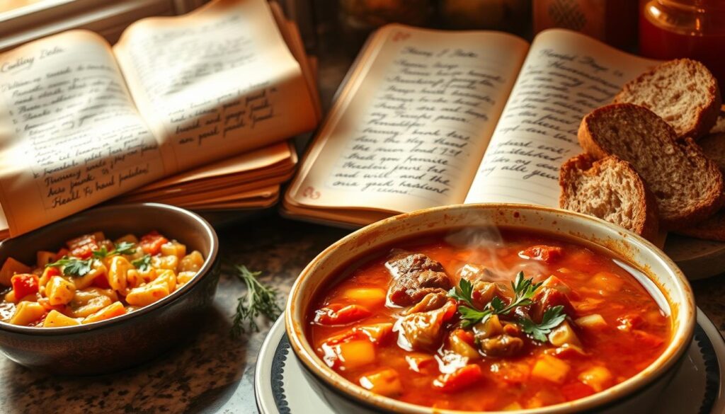 A cozy kitchen counter, showcasing a well-worn recipe book alongside a collection of family-favorite dishes. The pages are weathered, with handwritten notes in the margins, reflecting years of love and culinary tradition. In the foreground, a hearty bowl of homemade hamburger vegetable soup, its rich broth steaming, garnished with fresh herbs and crusty bread. The lighting is warm and inviting, casting a soft glow over the scene, evoking a sense of comfort and nostalgia. The composition is balanced, with the recipe book and dishes arranged in a visually appealing manner, capturing the essence of cherished family recipes that have been passed down through generations. A cozy kitchen counter, showcasing a well-worn recipe book alongside a collection of family-favorite dishes. The pages are weathered, with handwritten notes in the margins, reflecting years of love and culinary tradition. In the foreground, a hearty bowl of homemade hamburger vegetable soup, its rich broth steaming, garnished with fresh herbs and crusty bread. The lighting is warm and inviting, casting a soft glow over the scene, evoking a sense of comfort and nostalgia. The composition is balanced, with the recipe book and dishes arranged in a visually appealing manner, capturing the essence of cherished family recipes that have been passed down through generations.