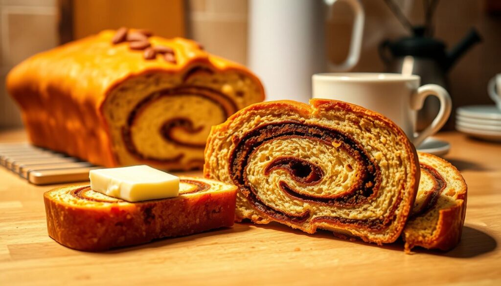 A cozy kitchen counter with a freshly baked cinnamon bread, its golden crust glistening in the warm, soft light. The bread is sliced, revealing the swirling pattern of cinnamon and sugar inside, enticing the viewer with its inviting aroma. In the foreground, a pat of butter melts deliciously on a slice, while in the background, a steaming cup of coffee or tea stands ready to complement the homemade treat. The scene evokes a sense of comfort, simplicity, and the joy of sharing a beloved baked good with loved ones.