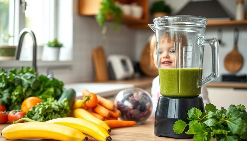 A cozy kitchen counter with a vibrant array of fresh fruits and vegetables, including kale, spinach, carrots, and bananas. In the foreground, a blender whirs to life, blending the produce into a smooth, creamy green smoothie. The lighting is soft and natural, casting a warm glow on the scene. In the background, a cheerful toddler watches with delight, anticipating the healthy treat. The composition captures the benefits of hidden veggie smoothies - providing essential nutrients in a delicious, kid-friendly way. A cozy kitchen counter with a vibrant array of fresh fruits and vegetables, including kale, spinach, carrots, and bananas. In the foreground, a blender whirs to life, blending the produce into a smooth, creamy green smoothie. The lighting is soft and natural, casting a warm glow on the scene. In the background, a cheerful toddler watches with delight, anticipating the healthy treat. The composition captures the benefits of hidden veggie smoothies - providing essential nutrients in a delicious, kid-friendly way.