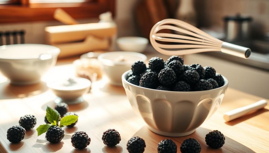 A cozy kitchen counter with fresh blackberries, a simple bowl and whisk, and an effortless arrangement of baking ingredients. Warm, natural lighting filters through a window, casting a soft glow on the scene. The composition exudes a relaxed, homemade atmosphere, inviting the viewer to imagine the delightful process of mixing and baking this indulgent blackberry dessert. Subtle shadows and highlights accentuate the textures of the ingredients, creating a visually appealing and appetizing tableau. The overall mood is one of uncomplicated, rustic charm - a representation of the "Why You'll Love This Blackberry Dump Cake" section. A cozy kitchen counter with fresh blackberries, a simple bowl and whisk, and an effortless arrangement of baking ingredients. Warm, natural lighting filters through a window, casting a soft glow on the scene. The composition exudes a relaxed, homemade atmosphere, inviting the viewer to imagine the delightful process of mixing and baking this indulgent blackberry dessert. Subtle shadows and highlights accentuate the textures of the ingredients, creating a visually appealing and appetizing tableau. The overall mood is one of uncomplicated, rustic charm - a representation of the "Why You'll Love This Blackberry Dump Cake" section.