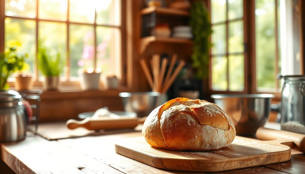 A cozy kitchen interior bathed in warm, natural lighting. In the foreground, a freshly baked homemade bread rests on a wooden cutting board, its golden crust glistening. The middle ground showcases the bread-making process, with a mixing bowl, flour, and a rolling pin. In the background, a window overlooks a lush, verdant garden, creating a serene, countryside atmosphere. The composition highlights the wholesome, artisanal nature of homemade bread, conveying its benefits of freshness, control over ingredients, and the joy of crafting something with your own hands. A cozy kitchen interior bathed in warm, natural lighting. In the foreground, a freshly baked homemade bread rests on a wooden cutting board, its golden crust glistening. The middle ground showcases the bread-making process, with a mixing bowl, flour, and a rolling pin. In the background, a window overlooks a lush, verdant garden, creating a serene, countryside atmosphere. The composition highlights the wholesome, artisanal nature of homemade bread, conveying its benefits of freshness, control over ingredients, and the joy of crafting something with your own hands.