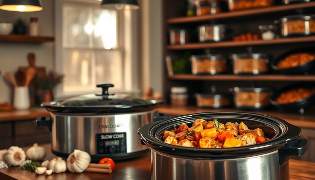 A cozy kitchen interior bathed in warm, soft lighting. In the foreground, a large, modern crock pot sits on a wooden counter, filled with a hearty, aromatic chicken and vegetable stew. The middle ground features an array of slow cooker-friendly ingredients - garlic, brown sugar, fresh herbs, and various vegetables. In the background, shelves display an assortment of other slow cooker meals, their rich sauces and tender meats visible through the glass lids. The overall atmosphere is inviting and comforting, reflecting the ease and convenience of preparing delicious, hands-off crock pot dinners. A cozy kitchen interior bathed in warm, soft lighting. In the foreground, a large, modern crock pot sits on a wooden counter, filled with a hearty, aromatic chicken and vegetable stew. The middle ground features an array of slow cooker-friendly ingredients - garlic, brown sugar, fresh herbs, and various vegetables. In the background, shelves display an assortment of other slow cooker meals, their rich sauces and tender meats visible through the glass lids. The overall atmosphere is inviting and comforting, reflecting the ease and convenience of preparing delicious, hands-off crock pot dinners.