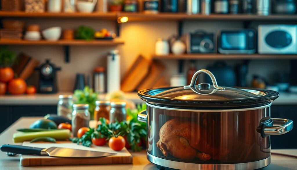 A cozy kitchen interior, warm lighting casting a golden glow. In the foreground, a gleaming crockpot simmering with tender, aromatic chicken. Surrounding it, an assortment of fresh vegetables, herbs, and seasoning jars, hinting at the flavorful meal to come. In the middle ground, a cutting board with a chef's knife, symbolizing the ease of preparation. The background features shelves stocked with various kitchen appliances, conveying the crockpot's versatility and time-saving benefits. The overall scene radiates a sense of effortless, wholesome cooking, inviting the viewer to experience the joys of slow-cooked, delicious meals. A cozy kitchen interior, warm lighting casting a golden glow. In the foreground, a gleaming crockpot simmering with tender, aromatic chicken. Surrounding it, an assortment of fresh vegetables, herbs, and seasoning jars, hinting at the flavorful meal to come. In the middle ground, a cutting board with a chef's knife, symbolizing the ease of preparation. The background features shelves stocked with various kitchen appliances, conveying the crockpot's versatility and time-saving benefits. The overall scene radiates a sense of effortless, wholesome cooking, inviting the viewer to experience the joys of slow-cooked, delicious meals.