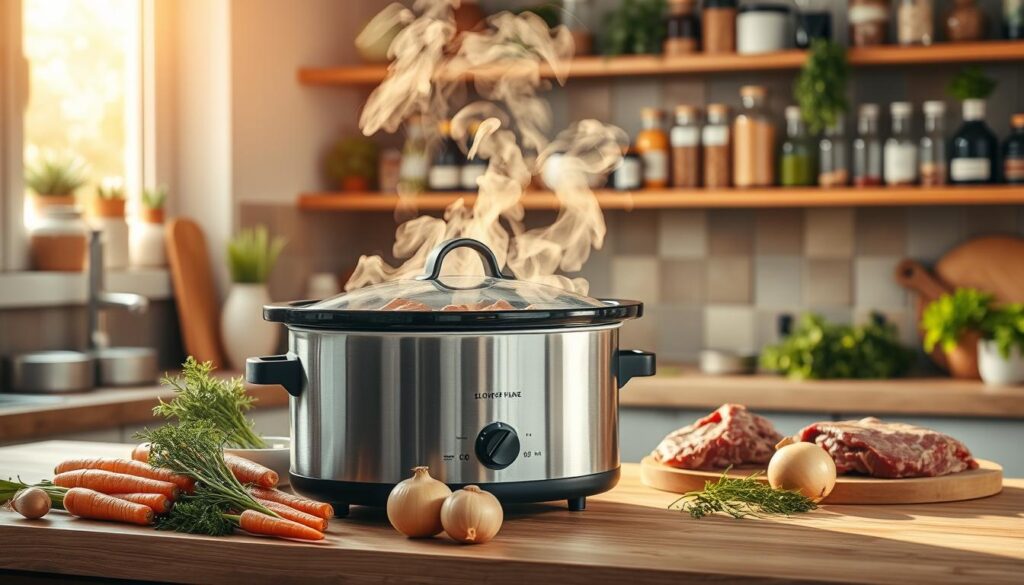 A cozy kitchen scene featuring a modern, stainless steel slow cooker on a wooden countertop, surrounded by a variety of fresh ingredients like carrots, onions, and beef cuts. The slow cooker is steaming, emitting a mouthwatering aroma. Warm, natural lighting flows in from a window, casting a soft glow on the scene. In the background, shelves display a variety of spices, herbs, and other cooking essentials, hinting at the effortless, wholesome meals that can be prepared with the help of a trusty slow cooker. The overall atmosphere is one of simplicity, comfort, and the joy of easy, delicious home-cooked meals. A cozy kitchen scene featuring a modern, stainless steel slow cooker on a wooden countertop, surrounded by a variety of fresh ingredients like carrots, onions, and beef cuts. The slow cooker is steaming, emitting a mouthwatering aroma. Warm, natural lighting flows in from a window, casting a soft glow on the scene. In the background, shelves display a variety of spices, herbs, and other cooking essentials, hinting at the effortless, wholesome meals that can be prepared with the help of a trusty slow cooker. The overall atmosphere is one of simplicity, comfort, and the joy of easy, delicious home-cooked meals.