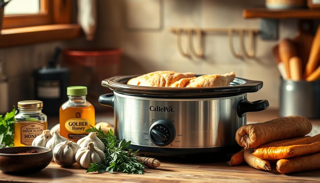 A cozy kitchen scene featuring a rustic crockpot surrounded by five simple ingredients: succulent chicken, golden honey, fragrant garlic, fresh herbs, and a medley of root vegetables. The warm, inviting lighting casts a soft glow, creating an atmosphere of effortless home-cooked goodness. The composition places the crockpot as the focal point, while the ingredients are arranged neatly around it, hinting at the ease of this "dump and go" recipe. The overall mood is one of comfort, simplicity, and the joy of uncomplicated, flavorful meals. A cozy kitchen scene featuring a rustic crockpot surrounded by five simple ingredients: succulent chicken, golden honey, fragrant garlic, fresh herbs, and a medley of root vegetables. The warm, inviting lighting casts a soft glow, creating an atmosphere of effortless home-cooked goodness. The composition places the crockpot as the focal point, while the ingredients are arranged neatly around it, hinting at the ease of this "dump and go" recipe. The overall mood is one of comfort, simplicity, and the joy of uncomplicated, flavorful meals.