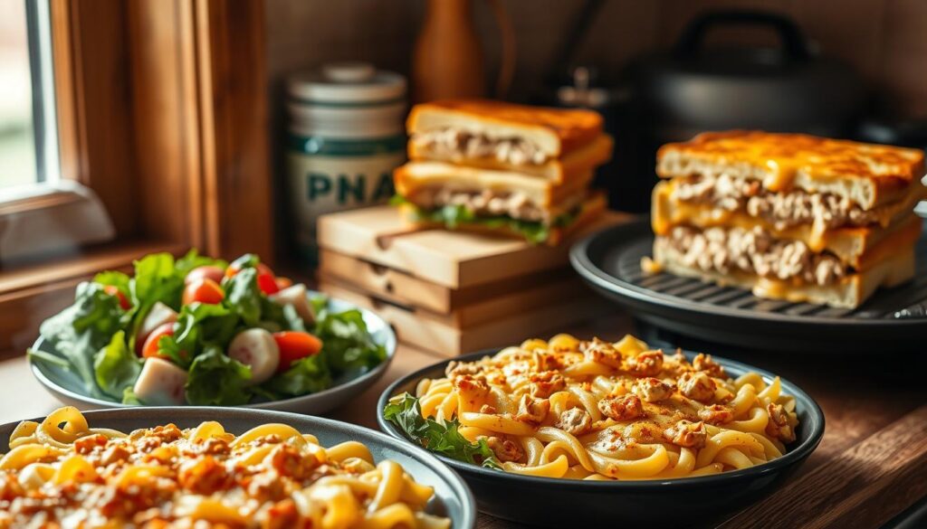 A cozy kitchen scene, showcasing a variety of delectable tuna-based meals. In the foreground, a steaming tuna noodle casserole fresh from the oven, its golden-brown topping inviting the viewer to savor its comforting flavors. Beside it, a vibrant tuna salad on crisp greens, dressed in a tangy vinaigrette. In the middle ground, a stack of tuna sandwiches, their bread lightly toasted and the tuna filling glistening with mayonnaise. In the background, a vintage-inspired tuna melt sizzling on a griddle, the melted cheese oozing over the sides. Warm, diffused lighting emanates from the kitchen window, creating a soothing, homey atmosphere. This image captures the versatility and appeal of tuna-based meals, perfectly complementing the "Easy Tuna Noodle Casserole Recipe" article. A cozy kitchen scene, showcasing a variety of delectable tuna-based meals. In the foreground, a steaming tuna noodle casserole fresh from the oven, its golden-brown topping inviting the viewer to savor its comforting flavors. Beside it, a vibrant tuna salad on crisp greens, dressed in a tangy vinaigrette. In the middle ground, a stack of tuna sandwiches, their bread lightly toasted and the tuna filling glistening with mayonnaise. In the background, a vintage-inspired tuna melt sizzling on a griddle, the melted cheese oozing over the sides. Warm, diffused lighting emanates from the kitchen window, creating a soothing, homey atmosphere. This image captures the versatility and appeal of tuna-based meals, perfectly complementing the "Easy Tuna Noodle Casserole Recipe" article.