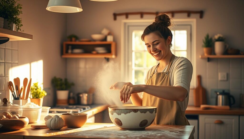 A cozy kitchen scene with a baker enthusiastically mixing ingredients for a quick, yeastless bread on the countertop. Warm, soft lighting from overhead illuminates the process, casting a golden glow. Flour dusts the surface, and various baking tools are neatly arranged. In the background, a charming window offers a glimpse of a sun-dappled garden, creating a serene, homey atmosphere. The baker's expression is one of focused delight, reflecting the joyful experience of preparing a simple, satisfying loaf in record time.