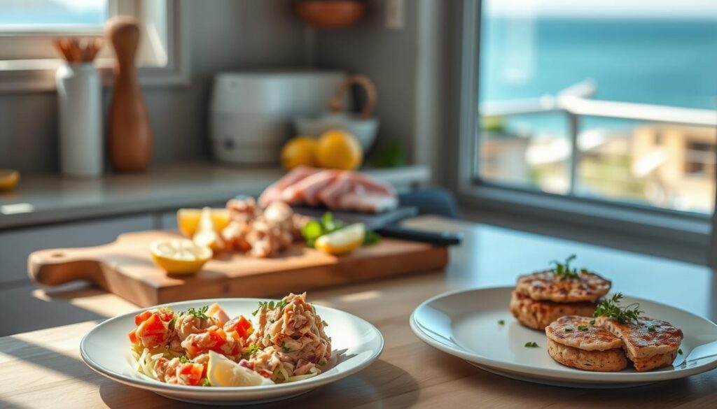 A cozy kitchen scene with a light and airy atmosphere. In the foreground, a plate of delectable tuna dishes - perhaps tuna salad, tuna melt, and tuna patties - each artfully arranged and garnished. The middle ground features a cutting board with fresh tuna fillets, lemon wedges, and a few simple ingredients like olive oil and herbs. In the background, a window overlooking a scenic seaside view, with natural light filtering in and casting a warm glow over the scene. The overall mood is one of approachability and ease, inviting the viewer to explore and be inspired by these effortless tuna recipes. A cozy kitchen scene with a light and airy atmosphere. In the foreground, a plate of delectable tuna dishes - perhaps tuna salad, tuna melt, and tuna patties - each artfully arranged and garnished. The middle ground features a cutting board with fresh tuna fillets, lemon wedges, and a few simple ingredients like olive oil and herbs. In the background, a window overlooking a scenic seaside view, with natural light filtering in and casting a warm glow over the scene. The overall mood is one of approachability and ease, inviting the viewer to explore and be inspired by these effortless tuna recipes.