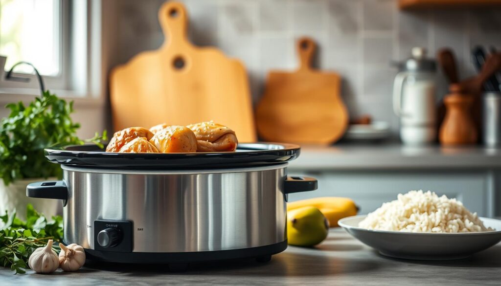 A cozy kitchen scene with a modern stainless steel crockpot in the foreground, filled with a savory, tender chicken dish. The crockpot is surrounded by fresh herbs, garlic, and a few whole chicken breasts, hinting at the simple yet flavorful ingredients. Warm, indirect lighting from above casts a soft, comforting glow over the scene, emphasizing the slow-cooked aroma. In the middle ground, a wooden cutting board and knife stand ready, while in the background, a tidy kitchen counter holds a bowl of fluffy white rice, ready to accompany the no-peek chicken. The overall mood is one of homey, effortless meal preparation, inviting the viewer to imagine the delicious results of this hands-off cooking method. A cozy kitchen scene with a modern stainless steel crockpot in the foreground, filled with a savory, tender chicken dish. The crockpot is surrounded by fresh herbs, garlic, and a few whole chicken breasts, hinting at the simple yet flavorful ingredients. Warm, indirect lighting from above casts a soft, comforting glow over the scene, emphasizing the slow-cooked aroma. In the middle ground, a wooden cutting board and knife stand ready, while in the background, a tidy kitchen counter holds a bowl of fluffy white rice, ready to accompany the no-peek chicken. The overall mood is one of homey, effortless meal preparation, inviting the viewer to imagine the delicious results of this hands-off cooking method.