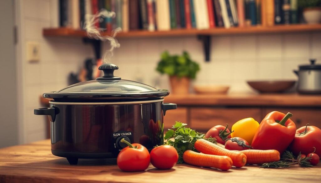 A cozy kitchen scene with a slow cooker crockpot simmering on the countertop, emitting a savory aroma. Warm, muted lighting bathes the scene, creating a comforting atmosphere. The crockpot's ceramic body gleams, and wisps of steam escape from the lid. Fresh vegetables and herbs are arranged nearby, ready to be added to the simmering stew. The background features a rustic wooden table and shelves lined with cookbooks, conveying the homey, traditional nature of crockpot cooking. The overall composition evokes a sense of relaxation and the joy of preparing a nourishing, slow-cooked meal.
