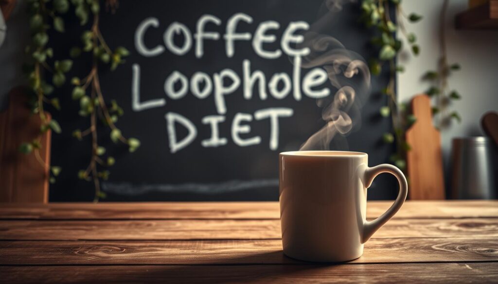 A cozy kitchen setting, with a steaming mug of coffee on a wooden table. The mug casts a warm glow, illuminating the surroundings. In the background, a chalkboard wall displays a hand-written "Coffee Loophole Diet" sign, with leafy vines and herbs cascading down the sides. The scene is bathed in soft, diffused lighting, creating a contemplative, inviting atmosphere. The overall composition suggests a mindful, balanced approach to health and wellness, centered around the simple pleasure of a cup of coffee. A cozy kitchen setting, with a steaming mug of coffee on a wooden table. The mug casts a warm glow, illuminating the surroundings. In the background, a chalkboard wall displays a hand-written "Coffee Loophole Diet" sign, with leafy vines and herbs cascading down the sides. The scene is bathed in soft, diffused lighting, creating a contemplative, inviting atmosphere. The overall composition suggests a mindful, balanced approach to health and wellness, centered around the simple pleasure of a cup of coffee.
