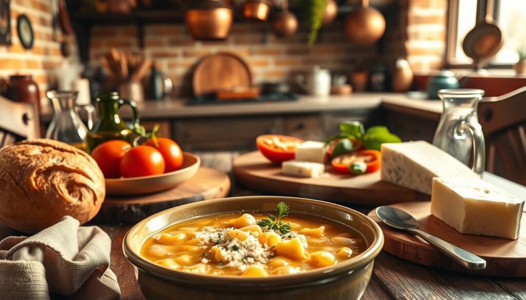 A cozy kitchen table set with a steaming bowl of homemade pastina soup, surrounded by fresh Italian ingredients. The warm, golden lighting casts a soft, inviting glow over the scene. In the foreground, a bowl of pastina pasta nestled in a rich, creamy broth, sprinkled with grated Parmesan cheese and a sprinkle of freshly chopped parsley. Artisanal bread and a carafe of olive oil sit nearby, hinting at the comforting, hearty meal to come. In the middle ground, a wooden cutting board displays sliced tomatoes, fresh basil leaves, and a wedge of Parmigiano-Reggiano cheese, showcasing the high-quality, authentic ingredients that make this dish so delectable. The background features a vintage Italian kitchen, with rustic brick walls, copper pots hanging from the ceiling, and a cozy, inviting atmosphere that evokes the warmth and tradition of Italian home cooking. A cozy kitchen table set with a steaming bowl of homemade pastina soup, surrounded by fresh Italian ingredients. The warm, golden lighting casts a soft, inviting glow over the scene. In the foreground, a bowl of pastina pasta nestled in a rich, creamy broth, sprinkled with grated Parmesan cheese and a sprinkle of freshly chopped parsley. Artisanal bread and a carafe of olive oil sit nearby, hinting at the comforting, hearty meal to come. In the middle ground, a wooden cutting board displays sliced tomatoes, fresh basil leaves, and a wedge of Parmigiano-Reggiano cheese, showcasing the high-quality, authentic ingredients that make this dish so delectable. The background features a vintage Italian kitchen, with rustic brick walls, copper pots hanging from the ceiling, and a cozy, inviting atmosphere that evokes the warmth and tradition of Italian home cooking.