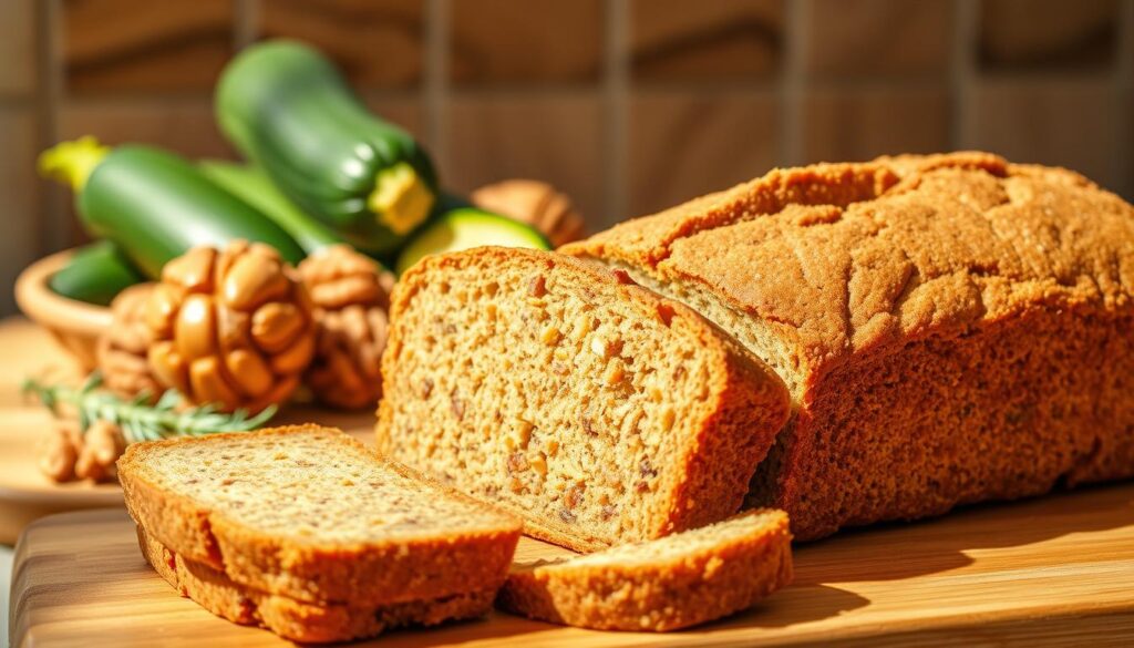 A cozy, sun-drenched kitchen counter showcases a freshly baked vegan zucchini bread loaf, its moist, golden-brown crumb laced with grated zucchini and hints of cinnamon. In the foreground, slices of the bread are elegantly arranged, revealing the tender, moist interior. Behind the loaf, a mix of whole zucchini, walnuts, and a few sprigs of fresh thyme create a rustic, appetizing tableau. Soft, diffused lighting casts a warm glow, enhancing the inviting atmosphere. The overall scene conveys the nourishing, wholesome benefits of this vegan delicacy, perfect for the introduction to an article celebrating the best vegan zucchini bread. A cozy, sun-drenched kitchen counter showcases a freshly baked vegan zucchini bread loaf, its moist, golden-brown crumb laced with grated zucchini and hints of cinnamon. In the foreground, slices of the bread are elegantly arranged, revealing the tender, moist interior. Behind the loaf, a mix of whole zucchini, walnuts, and a few sprigs of fresh thyme create a rustic, appetizing tableau. Soft, diffused lighting casts a warm glow, enhancing the inviting atmosphere. The overall scene conveys the nourishing, wholesome benefits of this vegan delicacy, perfect for the introduction to an article celebrating the best vegan zucchini bread.