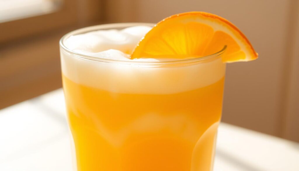 A creamy, frothy, and vibrant orange drink fills a transparent glass, its surface swirling with a gentle foam. Sunlight filters through the liquid, casting a warm, inviting glow. The drink is garnished with a delicate orange slice, its vibrant hue complementing the rich, citrusy flavor. The scene is set against a soft, out-of-focus background, allowing the enticing beverage to take center stage. A classic, timeless presentation of the iconic Orange Julius, capturing its refreshing and indulgent essence. A creamy, frothy, and vibrant orange drink fills a transparent glass, its surface swirling with a gentle foam. Sunlight filters through the liquid, casting a warm, inviting glow. The drink is garnished with a delicate orange slice, its vibrant hue complementing the rich, citrusy flavor. The scene is set against a soft, out-of-focus background, allowing the enticing beverage to take center stage. A classic, timeless presentation of the iconic Orange Julius, capturing its refreshing and indulgent essence.