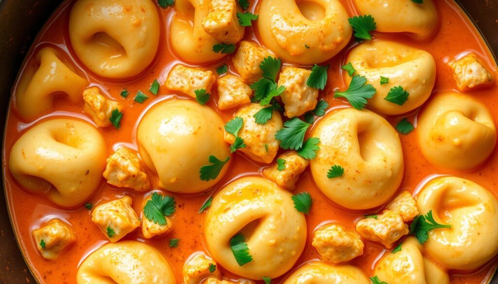 A creamy, rich Cajun-spiced chicken tortellini dish, with tender pasta pillows nestled in a silky, flavorful sauce. The tortellini are plump and glistening, their shapes distinct against the backdrop of the sauce, which has a deep orange-red hue from the Cajun seasonings. Diced chicken, sautéed to a perfect golden-brown, is scattered throughout, adding succulent texture. The overall composition has a comforting, hearty feel, with a warm, inviting lighting that casts a gentle glow. Garnished with fresh chopped parsley, this dish appears both visually appetizing and authentically Cajun.