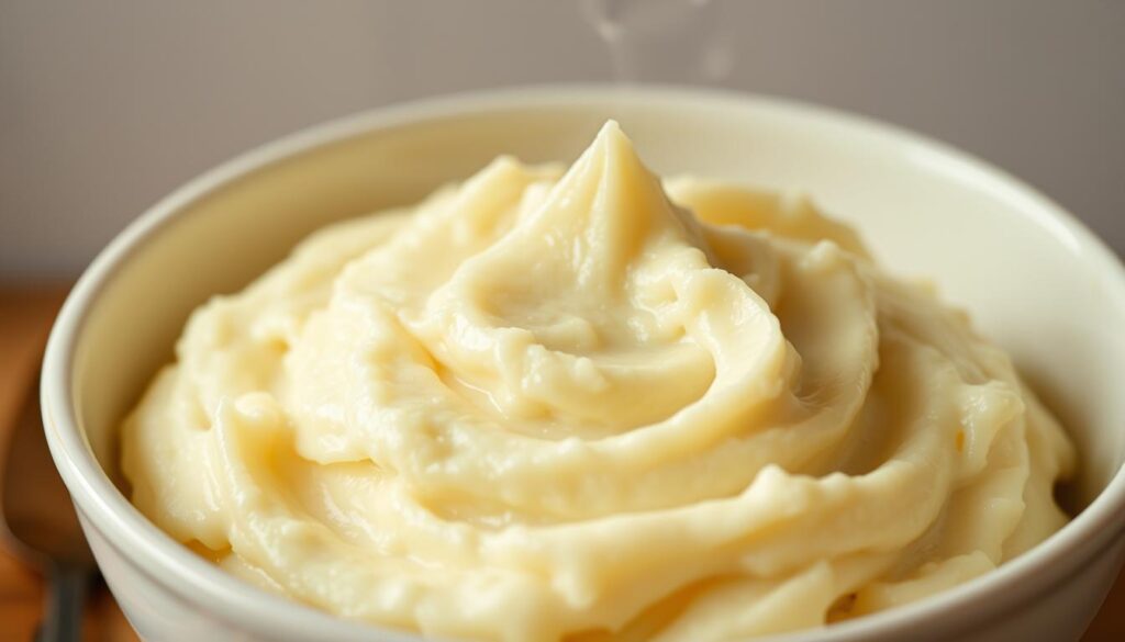 A creamy, smooth mound of perfectly whipped turnips sits in a rustic white ceramic bowl. The turnips have been meticulously peeled and boiled until tender, then mashed with a generous helping of rich, full-fat dairy. Delicate wisps of steam curl above the dish, hinting at the warmth and delightfulness within. Soft, indirect lighting from an overhead source casts a gentle, appetizing glow across the surface, highlighting the creamy, ivory-colored texture. The turnips are presented against a simple, neutral background, allowing their natural beauty to shine. This comforting, homestyle dish invites the viewer to imagine the satisfying flavors and mouthfeel of these classic mashed turnips.