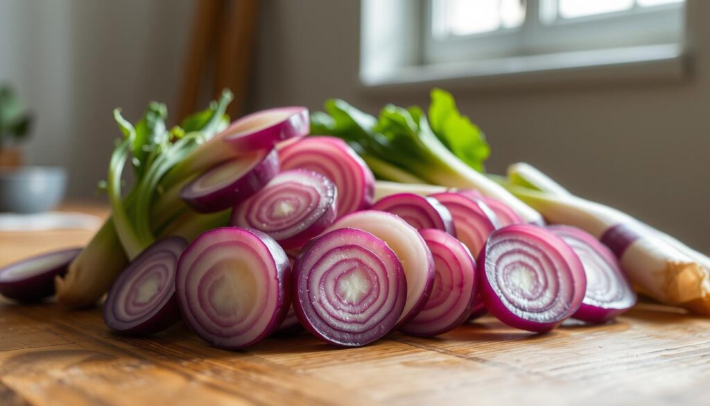 A crisp, close-up photograph of fresh, vibrant purple-and-white pickled turnips, arranged neatly on a rustic wooden table. The turnips are sliced vertically, revealing their unique spiral patterns and showcasing their crunchy texture. Soft, natural lighting from an overhead window bathes the scene, casting gentle shadows and highlighting the glistening brine that coats the vegetables. In the background, a simple, uncluttered setting with minimal distractions, allowing the pickled turnips to take center stage and command the viewer's attention. A sense of simplicity, purity, and the wholesome goodness of homemade, healthy pickles permeates the image.