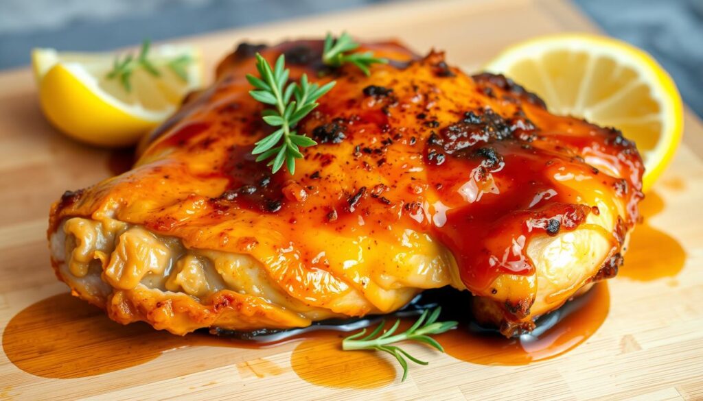 A crisp, golden-brown chicken thigh, glistening with a vibrant marinade, rests on a wooden cutting board. The marinade, a rich blend of soy sauce, honey, garlic, and aromatic spices, clings to the meat, promising a burst of flavors. A few sprigs of fresh thyme and a lemon wedge add a touch of freshness, complementing the overall composition. The image is captured in soft, even lighting, highlighting the textural details of the chicken and the depth of the marinade. The camera angle is slightly elevated, providing a clean, appetizing view of the dish, ready to be enjoyed in an air fryer.