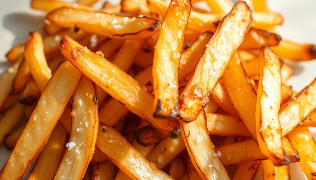 A crisp, golden-brown pile of freshly-baked turnip fries, glistening with a light dusting of sea salt and herbs. The turnip slices, cut into long, thin strips, have been roasted to perfection in a convection oven, their edges caramelized and crunchy. The turnip's natural sweetness is highlighted, creating a healthier alternative to traditional french fries. Soft natural lighting illuminates the fries, casting warm shadows and highlighting their intricate texture. The composition is simple yet elegant, placing the turnip fries against a clean, minimalist background to emphasize their visual appeal. This image perfectly illustrates the health benefits of turnips, showcasing a delicious and nutritious snack option. A crisp, golden-brown pile of freshly-baked turnip fries, glistening with a light dusting of sea salt and herbs. The turnip slices, cut into long, thin strips, have been roasted to perfection in a convection oven, their edges caramelized and crunchy. The turnip's natural sweetness is highlighted, creating a healthier alternative to traditional french fries. Soft natural lighting illuminates the fries, casting warm shadows and highlighting their intricate texture. The composition is simple yet elegant, placing the turnip fries against a clean, minimalist background to emphasize their visual appeal. This image perfectly illustrates the health benefits of turnips, showcasing a delicious and nutritious snack option.