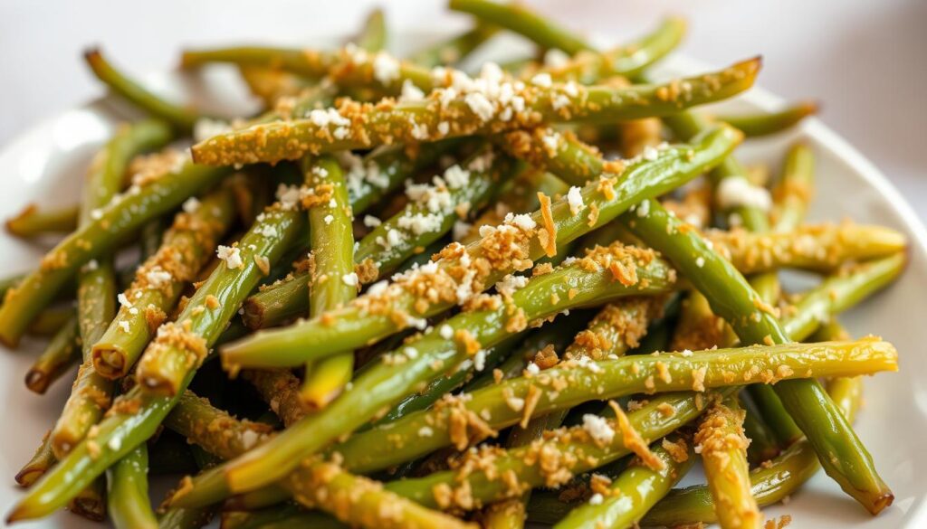 A crisp, golden-brown plate of freshly air-fried green beans, glistening with a light dusting of grated Parmesan cheese. The beans are arranged in a natural, scattered composition, capturing the rustic, homemade appeal of this simple yet flavorful side dish. The lighting is soft and diffused, creating a warm, appetizing atmosphere. The camera angle is slightly elevated, highlighting the three-dimensional texture and appeal of the crunchy green beans. The background is clean and uncluttered, allowing the star of the image – the air-fried Parmesan green beans – to take center stage. A crisp, golden-brown plate of freshly air-fried green beans, glistening with a light dusting of grated Parmesan cheese. The beans are arranged in a natural, scattered composition, capturing the rustic, homemade appeal of this simple yet flavorful side dish. The lighting is soft and diffused, creating a warm, appetizing atmosphere. The camera angle is slightly elevated, highlighting the three-dimensional texture and appeal of the crunchy green beans. The background is clean and uncluttered, allowing the star of the image – the air-fried Parmesan green beans – to take center stage.