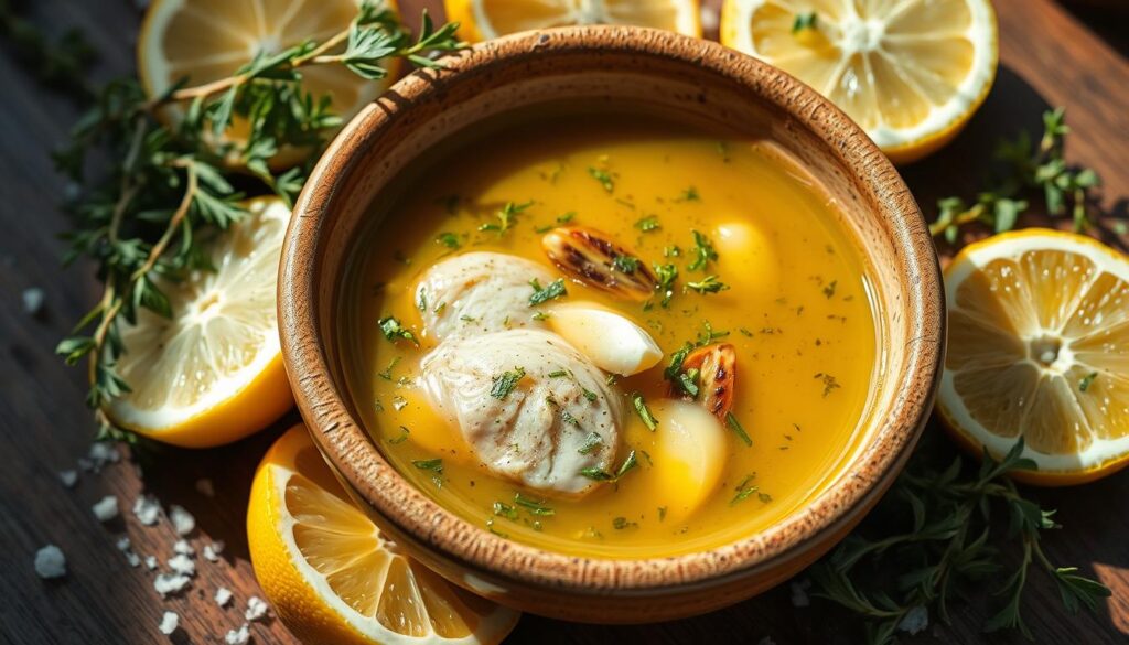 A crisp, sunlit photograph of a Greek chicken marinade, showcasing a vibrant blend of olive oil, freshly squeezed lemon juice, garlic, oregano, and other aromatic Mediterranean herbs. The marinade is presented in a rustic ceramic bowl, surrounded by fresh lemon wedges, sprigs of fragrant oregano, and a scattering of coarse sea salt. The image has a warm, inviting tone, capturing the essence of Greek cuisine and the promise of flavorful grilled chicken. The focus is sharp, and the lighting is natural, casting gentle shadows and highlighting the rich colors of the ingredients. The overall composition is balanced and visually appealing, setting the stage for the ultimate Greek chicken marinade recipe. A crisp, sunlit photograph of a Greek chicken marinade, showcasing a vibrant blend of olive oil, freshly squeezed lemon juice, garlic, oregano, and other aromatic Mediterranean herbs. The marinade is presented in a rustic ceramic bowl, surrounded by fresh lemon wedges, sprigs of fragrant oregano, and a scattering of coarse sea salt. The image has a warm, inviting tone, capturing the essence of Greek cuisine and the promise of flavorful grilled chicken. The focus is sharp, and the lighting is natural, casting gentle shadows and highlighting the rich colors of the ingredients. The overall composition is balanced and visually appealing, setting the stage for the ultimate Greek chicken marinade recipe.