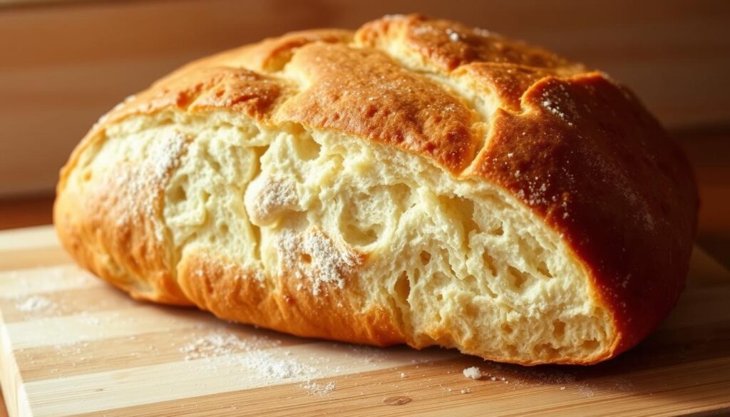 A crusty, artisanal no-knead bread loaf, freshly baked and resting on a wooden cutting board. The golden-brown crust glistens under soft, warm lighting, revealing a delicate, lacy interior with an inviting aroma. Flour dusts the surface, hinting at the simple, hands-off preparation. The bread takes center stage, framed by a minimalist background that emphasizes its rustic charm. Shot from a slightly elevated angle, the image captures the satisfying texture and homemade quality of this easy-to-make, crowd-pleasing staple.