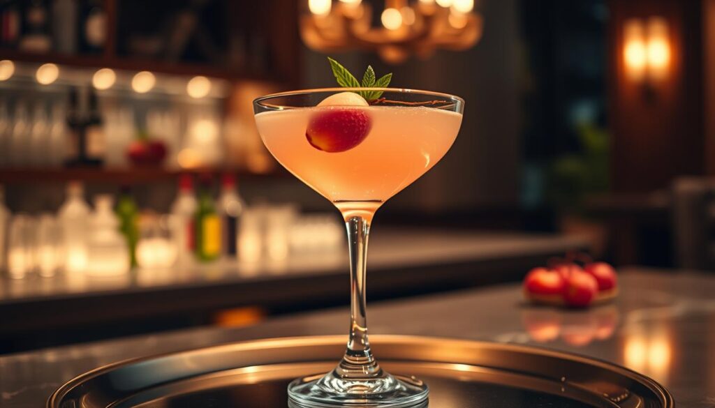 A crystal clear martini glass filled to the brim with a pale pink lychee-infused gin cocktail, garnished with a delicate slice of fresh lychee fruit and a sprig of mint, resting atop a sleek metal tray. The glass is illuminated from below, casting a warm glow and highlighting the cocktail's translucent, jewel-like appearance. The background is a softly blurred scene of a cozy, dimly lit bar or lounge, with subtle hints of wooden accents and moody lighting. The overall atmosphere is one of sophistication, indulgence, and a hint of tropical allure, perfectly capturing the essence of the lychee martini and inviting the viewer to experience its unique flavors. A crystal clear martini glass filled to the brim with a pale pink lychee-infused gin cocktail, garnished with a delicate slice of fresh lychee fruit and a sprig of mint, resting atop a sleek metal tray. The glass is illuminated from below, casting a warm glow and highlighting the cocktail's translucent, jewel-like appearance. The background is a softly blurred scene of a cozy, dimly lit bar or lounge, with subtle hints of wooden accents and moody lighting. The overall atmosphere is one of sophistication, indulgence, and a hint of tropical allure, perfectly capturing the essence of the lychee martini and inviting the viewer to experience its unique flavors.