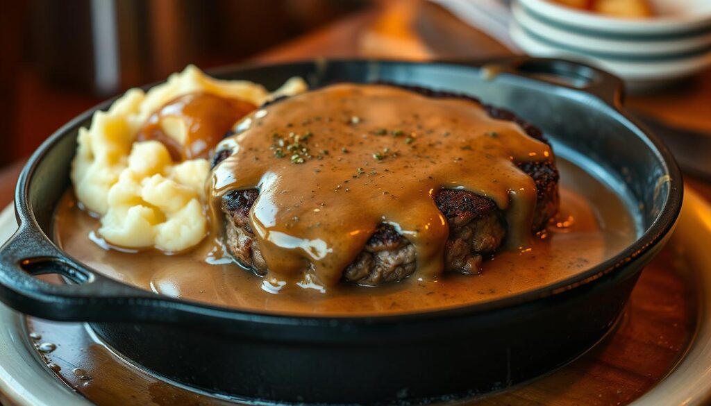 A delectable Cracker Barrel hamburger steak, sizzling on a cast-iron skillet, surrounded by a rich, savory gravy. The thick, juicy patty is seared to perfection, its edges crisp and golden brown. The gravy, a harmonious blend of herbs and spices, gently cascades over the steak, enticing the senses. Soft, buttery mashed potatoes nestle alongside, ready to soak up every last drop of the flavorful sauce. Warm, ambient lighting casts a comforting glow, evoking the homey atmosphere of a Cracker Barrel restaurant. The scene is captured with a close-up, high-resolution lens, showcasing the mouthwatering details of this quintessential Cracker Barrel dish. A delectable Cracker Barrel hamburger steak, sizzling on a cast-iron skillet, surrounded by a rich, savory gravy. The thick, juicy patty is seared to perfection, its edges crisp and golden brown. The gravy, a harmonious blend of herbs and spices, gently cascades over the steak, enticing the senses. Soft, buttery mashed potatoes nestle alongside, ready to soak up every last drop of the flavorful sauce. Warm, ambient lighting casts a comforting glow, evoking the homey atmosphere of a Cracker Barrel restaurant. The scene is captured with a close-up, high-resolution lens, showcasing the mouthwatering details of this quintessential Cracker Barrel dish.