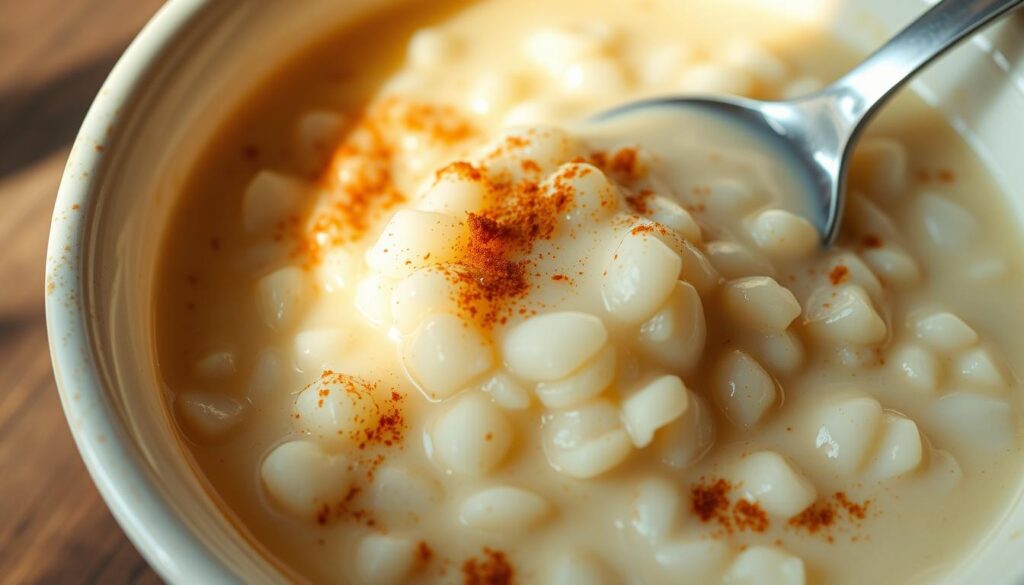 A delectable Mexican rice pudding, known as Arroz Con Leche, rests in a shallow bowl, its creamy texture infused with the sweet aroma of cinnamon. Plump grains of rice are suspended in a velvety sauce of warm milk, sugar, and vanilla, creating a harmonious fusion of flavors. Garnished with a light dusting of ground cinnamon, the dessert radiates a cozy, comforting ambiance, inviting the viewer to savor each spoonful. The scene is bathed in soft, natural lighting, capturing the dish's inviting essence and the rustic charm of traditional Mexican cuisine. A delectable Mexican rice pudding, known as Arroz Con Leche, rests in a shallow bowl, its creamy texture infused with the sweet aroma of cinnamon. Plump grains of rice are suspended in a velvety sauce of warm milk, sugar, and vanilla, creating a harmonious fusion of flavors. Garnished with a light dusting of ground cinnamon, the dessert radiates a cozy, comforting ambiance, inviting the viewer to savor each spoonful. The scene is bathed in soft, natural lighting, capturing the dish's inviting essence and the rustic charm of traditional Mexican cuisine.