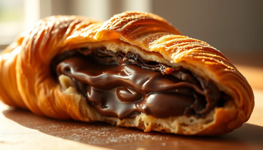 A delectable Nutella-filled croissant pastry, meticulously crafted by the skilled hands of Pillsbury. The flaky, golden-brown exterior gives way to a decadent, chocolate-hazelnut center, oozing with rich, creamy Nutella. Soft natural lighting casts a warm, inviting glow, accentuating the pastry's alluring appearance. The croissant is photographed from a medium angle, showcasing its tantalizing layers and delicate texture. The image exudes a comforting, homemade atmosphere, enticing the viewer to indulge in this delightful Nutella-infused treat. A delectable Nutella-filled croissant pastry, meticulously crafted by the skilled hands of Pillsbury. The flaky, golden-brown exterior gives way to a decadent, chocolate-hazelnut center, oozing with rich, creamy Nutella. Soft natural lighting casts a warm, inviting glow, accentuating the pastry's alluring appearance. The croissant is photographed from a medium angle, showcasing its tantalizing layers and delicate texture. The image exudes a comforting, homemade atmosphere, enticing the viewer to indulge in this delightful Nutella-infused treat.