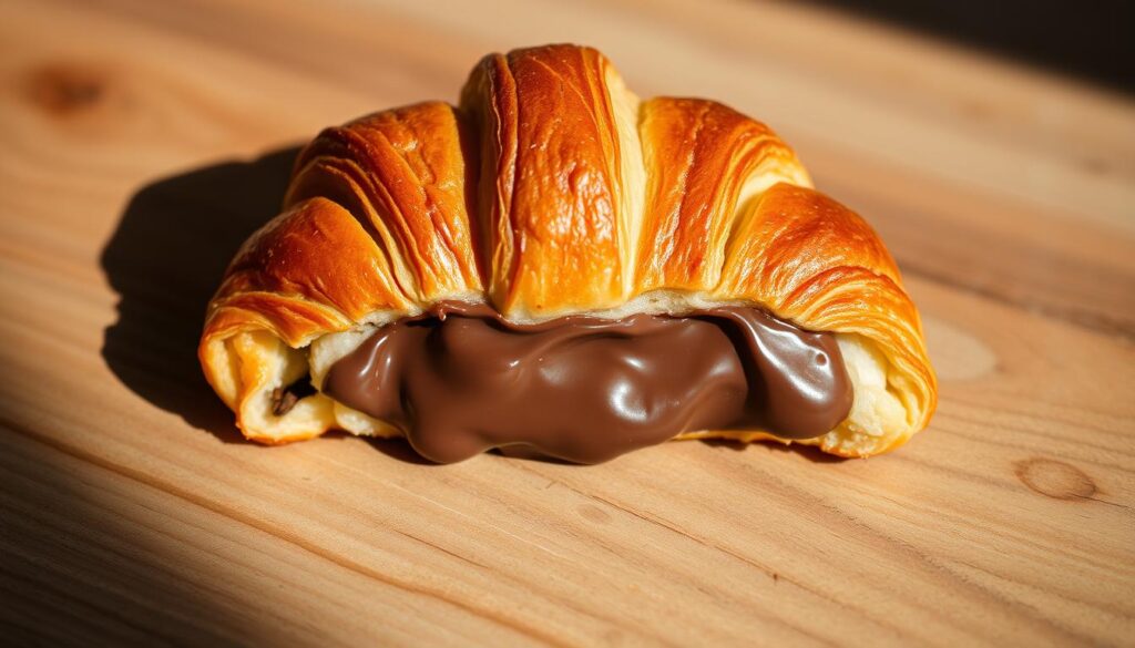 A delectable Nutella pastry, freshly baked, resting on a rustic wooden surface. The croissant-like dough is golden-brown, its flaky exterior glistening with a light sheen. The rich, hazelnut-chocolate spread oozes temptingly from the center, creating a mouthwatering contrast with the buttery, crisp pastry. Soft, natural lighting accentuates the pastry's inviting textures and warm tones, casting dramatic shadows that add depth and dimension. The overall scene evokes a cozy, homemade ambiance, inviting the viewer to imagine the irresistible aroma and satisfying flavor of this essential Nutella croissant.