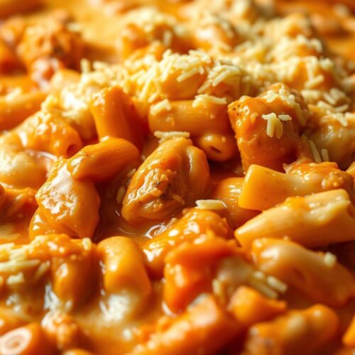 A delectable and inviting close-up shot of a creamy and dreamy buffalo chicken pasta bake, just pulled hot from the oven. The glistening, golden-brown casserole dish is filled to the brim with tender pieces of juicy chicken, coated in a rich, spicy buffalo sauce, and nestled in a bed of perfectly al dente pasta noodles. The surface is crowned with a generous sprinkling of melted, bubbly cheese that beckons to be dug into. Warm lighting casts a comforting glow, highlighting the dish's tantalizing textures and vibrant colors. The scene evokes a feeling of irresistible, homemade comfort food that will leave your taste buds craving more.