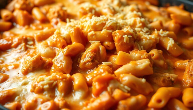 A delectable and inviting close-up shot of a creamy and dreamy buffalo chicken pasta bake, just pulled hot from the oven. The glistening, golden-brown casserole dish is filled to the brim with tender pieces of juicy chicken, coated in a rich, spicy buffalo sauce, and nestled in a bed of perfectly al dente pasta noodles. The surface is crowned with a generous sprinkling of melted, bubbly cheese that beckons to be dug into. Warm lighting casts a comforting glow, highlighting the dish's tantalizing textures and vibrant colors. The scene evokes a feeling of irresistible, homemade comfort food that will leave your taste buds craving more.