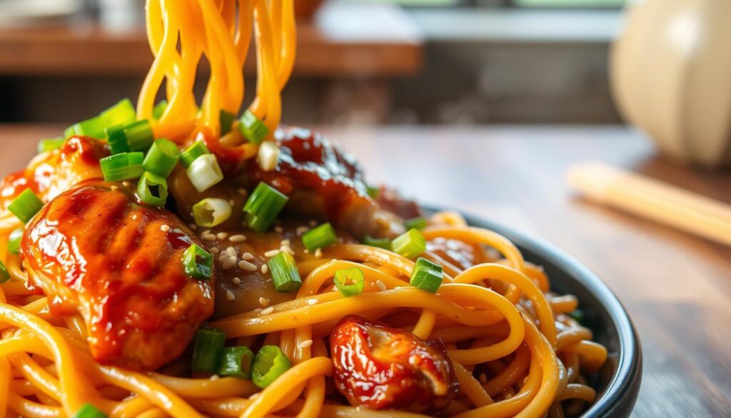 A delectable and visually striking image of flavorful chicken teriyaki noodles. In the foreground, steaming hot noodles intertwined with juicy, caramelized chicken thighs, glistening with a glossy teriyaki glaze. The noodles should be depicted with a realistic, textured appearance, capturing the springy and slippery mouthfeel. Scattered throughout, vibrant green scallions, sesame seeds, and a drizzle of teriyaki sauce, adding depth of flavor and visual interest. In the middle ground, a wooden table or surface, with a subtle grain and warm, natural lighting, creating a cozy, inviting atmosphere. In the background, a simple, uncluttered setting, perhaps with a hint of Asian-inspired decor, allowing the dish to be the focal point. The overall lighting should be soft and appetizing, highlighting the rich colors and textures of the noodles and chicken, conveying the comforting and delightful nature of this quick and flavorful dish.