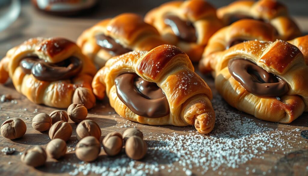 A delectable arrangement of fresh, golden-brown crescent rolls glistening with a decadent layer of rich, silky Nutella. The pastries are presented on a rustic wooden surface, casting gentle shadows and bathed in warm, natural lighting that accentuates their tempting curves. In the foreground, a scattering of whole hazelnuts and a sprinkling of powdered sugar add visual interest and a sense of homemade charm. The background blurs softly, allowing the viewer's focus to remain solely on the enticing Nutella-filled crescents, inviting the senses to indulge in this irresistible treat. A delectable arrangement of fresh, golden-brown crescent rolls glistening with a decadent layer of rich, silky Nutella. The pastries are presented on a rustic wooden surface, casting gentle shadows and bathed in warm, natural lighting that accentuates their tempting curves. In the foreground, a scattering of whole hazelnuts and a sprinkling of powdered sugar add visual interest and a sense of homemade charm. The background blurs softly, allowing the viewer's focus to remain solely on the enticing Nutella-filled crescents, inviting the senses to indulge in this irresistible treat.
