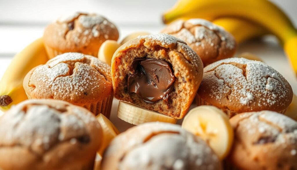 A delectable arrangement of freshly baked Nutella banana muffins, showcased in a bright, inviting setting. The muffins are plump and golden, their tops lightly dusted with powdered sugar. Sliced bananas are artfully arranged around the muffins, their yellow hues complementing the rich, chocolatey spread of Nutella. Warm lighting casts a cozy glow, highlighting the muffins' tender interiors and the subtle sheen of the Nutella. The composition is balanced, with the muffins taking center stage against a clean, minimalist background, allowing the viewer to focus on the tempting details of this irresistible baked treat. A delectable arrangement of freshly baked Nutella banana muffins, showcased in a bright, inviting setting. The muffins are plump and golden, their tops lightly dusted with powdered sugar. Sliced bananas are artfully arranged around the muffins, their yellow hues complementing the rich, chocolatey spread of Nutella. Warm lighting casts a cozy glow, highlighting the muffins' tender interiors and the subtle sheen of the Nutella. The composition is balanced, with the muffins taking center stage against a clean, minimalist background, allowing the viewer to focus on the tempting details of this irresistible baked treat.