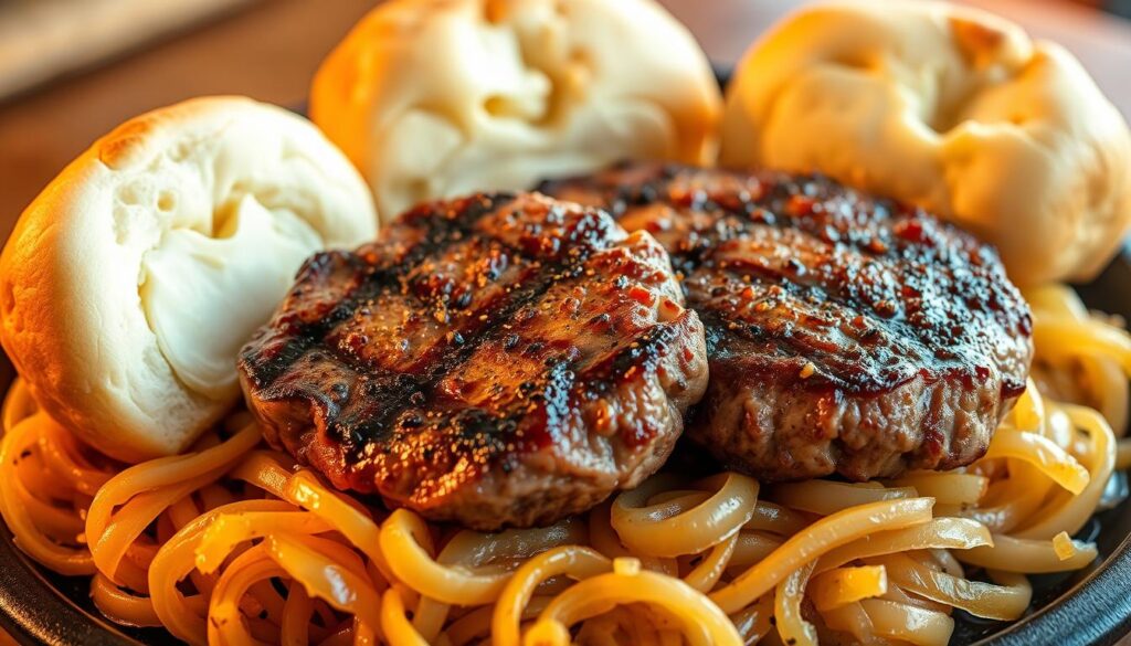 A delectable arrangement of juicy hamburger steaks, freshly grilled and sizzling, resting atop a bed of golden-brown caramelized onions. The steaks are generously seasoned, their savory aroma wafting through the air. Soft, pillowy buns cradle the steaks, their toasted surfaces glistening with butter. The overall scene is illuminated by warm, natural lighting, casting a cozy, inviting atmosphere. The image captures the essence of a comforting, homemade meal, ready to be enjoyed. A delectable arrangement of juicy hamburger steaks, freshly grilled and sizzling, resting atop a bed of golden-brown caramelized onions. The steaks are generously seasoned, their savory aroma wafting through the air. Soft, pillowy buns cradle the steaks, their toasted surfaces glistening with butter. The overall scene is illuminated by warm, natural lighting, casting a cozy, inviting atmosphere. The image captures the essence of a comforting, homemade meal, ready to be enjoyed.