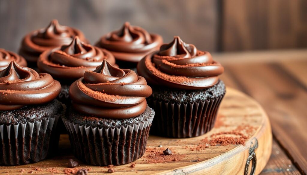 A delectable arrangement of moist chocolate "dump cake" cupcakes, meticulously crafted with layers of rich chocolate sponge, silky chocolate ganache, and a dusting of cocoa powder. The cupcakes are displayed on a rustic wooden surface, with a soft, warm lighting illuminating their inviting texture and sheen. The composition emphasizes the contrast between the deep, decadent hues of the chocolate and the simple, homemade aesthetic, creating an image that captures the essence of this beloved dessert. The overall mood is one of comforting indulgence, inviting the viewer to imagine the delightful flavors and textures of these irresistible "dump cake" cupcakes.