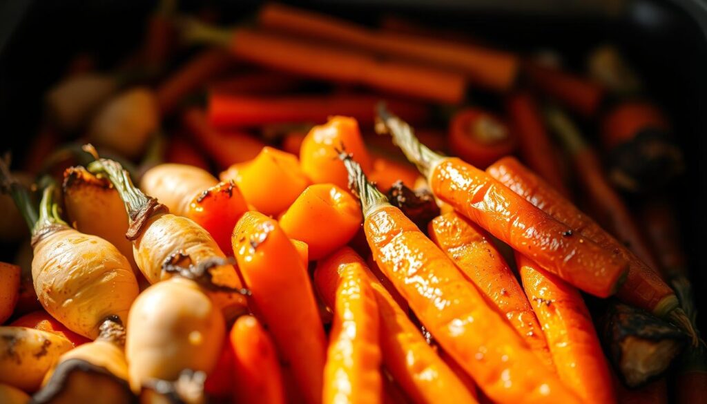 A delectable arrangement of perfectly roasted vegetables, bathed in a warm, golden light. In the foreground, tender turnips and carrots, caramelized to perfection, their vibrant colors popping against a backdrop of earthy hues. The vegetables are arranged artfully, with a touch of rustic charm, inviting the viewer to savor their natural sweetness. The lighting, captured from a slightly elevated angle, casts a soft, inviting glow, highlighting the intricate textures and nuanced flavors of the roasted produce. The overall scene exudes a sense of nourishment and wholesome delight, capturing the essence of the benefits of roasting vegetables.