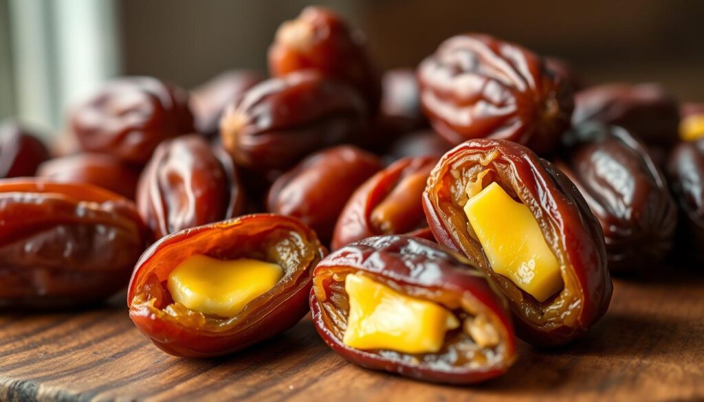 A delectable arrangement of plump, juicy dates, their caramelized surfaces glistening under the warm glow of natural lighting. In the foreground, a couple of dates have been carefully split open, revealing their golden, buttery interiors. The middle ground showcases a small pile of the tempting treats, artfully arranged on a rustic wooden surface, the grain of the wood adding a touch of earthy elegance. The background is softly blurred, allowing the focus to remain on the star of the image - the effortlessly enticing, three-ingredient wonder that is the butter-stuffed date. The overall mood is one of simplicity, indulgence, and the joy of uncomplicated, wholesome deliciousness.