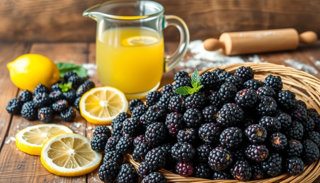 A delectable assortment of ingredients for a mouthwatering blackberry lemonade pie, artfully arranged on a rustic wooden table. In the foreground, plump, juicy blackberries spill from a wicker basket, their deep purple hues contrasting with the vibrant yellow lemon slices scattered nearby. In the middle ground, a stainless steel mixing bowl sits alongside a glass pitcher filled with a tantalizing golden lemonade, its surface reflecting the warm, natural lighting from above. In the background, a vintage rolling pin and a dusting of flour hint at the homemade care that will go into crafting this delightful dessert. The overall scene exudes a comforting, farmhouse-inspired ambiance, inviting the viewer to imagine the delicious flavors and textures that await.