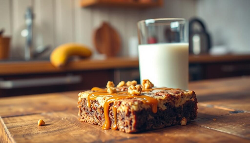 A delectable banana-flavored dessert, artfully presented on a rustic wooden surface. The foreground features a decadent slice of banana bread brownies, its moist and fluffy texture accentuated by a drizzle of caramel sauce and a sprinkling of chopped walnuts. In the middle ground, a glass of cold milk stands ready to complement the rich flavors. The background is a soft, blurred atmosphere, hinting at the cozy and inviting setting of a homey kitchen. Warm, natural lighting casts a gentle glow, adding to the overall sense of comfort and indulgence. The image conveys the perfect blend of classic banana bread and irresistible brownie, capturing the essence of the "Ultimate Banana Bread Brownies" recipe. A delectable banana-flavored dessert, artfully presented on a rustic wooden surface. The foreground features a decadent slice of banana bread brownies, its moist and fluffy texture accentuated by a drizzle of caramel sauce and a sprinkling of chopped walnuts. In the middle ground, a glass of cold milk stands ready to complement the rich flavors. The background is a soft, blurred atmosphere, hinting at the cozy and inviting setting of a homey kitchen. Warm, natural lighting casts a gentle glow, adding to the overall sense of comfort and indulgence. The image conveys the perfect blend of classic banana bread and irresistible brownie, capturing the essence of the "Ultimate Banana Bread Brownies" recipe.