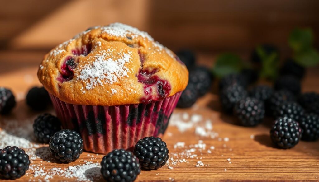 A delectable blackberry muffin nestled on a rustic wooden surface, bathed in warm, natural light. The muffin's golden-brown top is lightly dusted with powdered sugar, creating a delightful contrast against the deep purple-red of the fresh, juicy blackberries peeking through. Surrounding the muffin are scattered blackberries, hinting at the wholesome, homemade goodness within. The scene exudes a comforting, homey atmosphere, inviting the viewer to imagine the satisfying aroma and moist, tender crumb of this tantalizing blackberry-studded treat. A delectable blackberry muffin nestled on a rustic wooden surface, bathed in warm, natural light. The muffin's golden-brown top is lightly dusted with powdered sugar, creating a delightful contrast against the deep purple-red of the fresh, juicy blackberries peeking through. Surrounding the muffin are scattered blackberries, hinting at the wholesome, homemade goodness within. The scene exudes a comforting, homey atmosphere, inviting the viewer to imagine the satisfying aroma and moist, tender crumb of this tantalizing blackberry-studded treat.