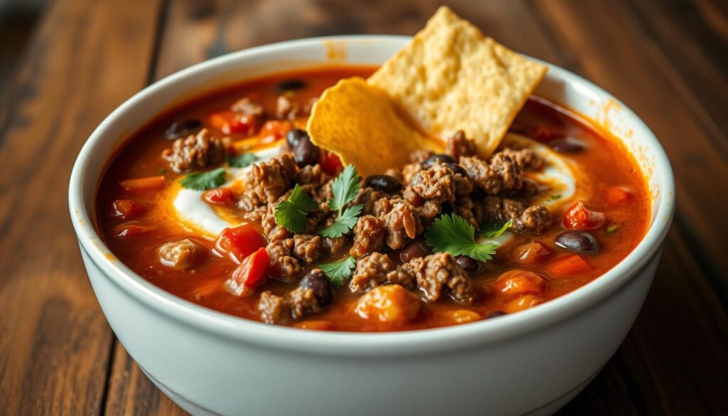 A delectable bowl of homemade taco soup, steaming hot and brimming with flavor. In the foreground, tender chunks of seasoned ground beef, simmered to perfection with kidney beans, diced tomatoes, and aromatic spices. Vibrant green cilantro leaves and tangy sour cream swirl together, adding depth and richness. In the middle, a crisp tortilla chip, golden-brown and crunchy, invites a satisfying scoop. The background features a warm, rustic wooden table, its weathered surface complementing the earthy tones of the soup. Soft, diffused lighting casts a cozy glow, creating an inviting and comforting atmosphere. This image captures the essence of a truly mouthwatering taco soup, perfect for enjoying on a chilly evening. A delectable bowl of homemade taco soup, steaming hot and brimming with flavor. In the foreground, tender chunks of seasoned ground beef, simmered to perfection with kidney beans, diced tomatoes, and aromatic spices. Vibrant green cilantro leaves and tangy sour cream swirl together, adding depth and richness. In the middle, a crisp tortilla chip, golden-brown and crunchy, invites a satisfying scoop. The background features a warm, rustic wooden table, its weathered surface complementing the earthy tones of the soup. Soft, diffused lighting casts a cozy glow, creating an inviting and comforting atmosphere. This image captures the essence of a truly mouthwatering taco soup, perfect for enjoying on a chilly evening.
